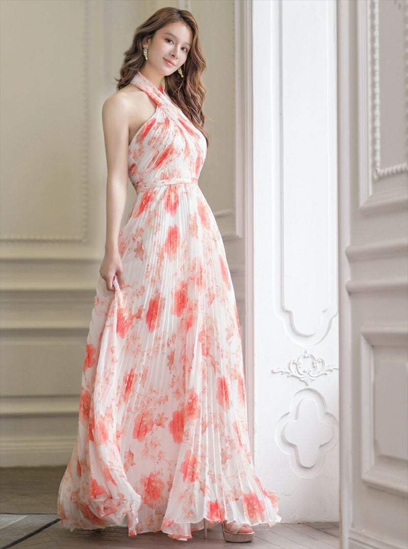 ERUKEI エルケイ ホワイト×オレンジ フラワープリント・プリーツ・ホルターネック・Aライン・ロングドレス ek-s35902