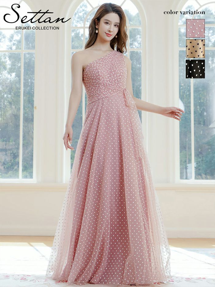 ERUKEI エルケイ ワンショルダー・ハートドット・チュールレース・ハイウエスト・Aライン・ロングドレス ek-s37115