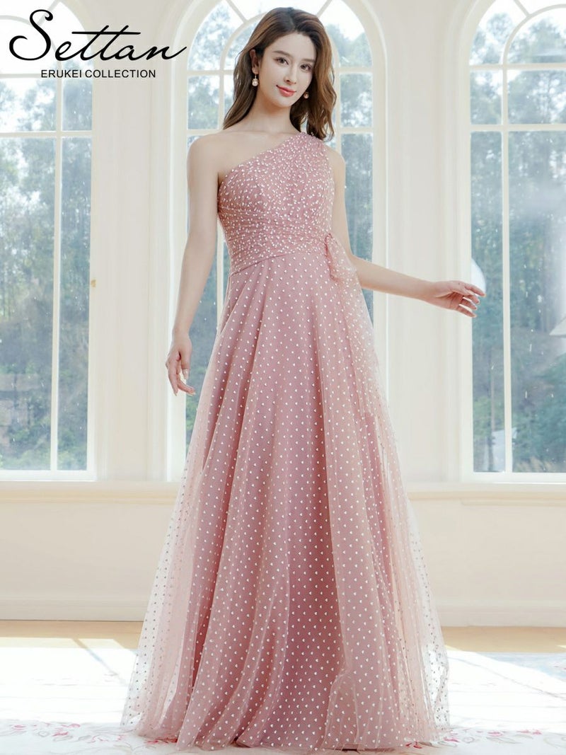 ERUKEI エルケイ ワンショルダー・ハートドット・チュールレース・ハイウエスト・Aライン・ロングドレス ek-s37115