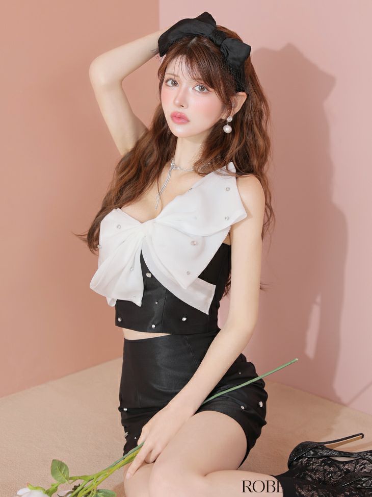 ROBE de FLEURS ローブドフルール ビッグオーガンジーリボンワンショルタイトセットアップミニキャバドレス fm4202-c