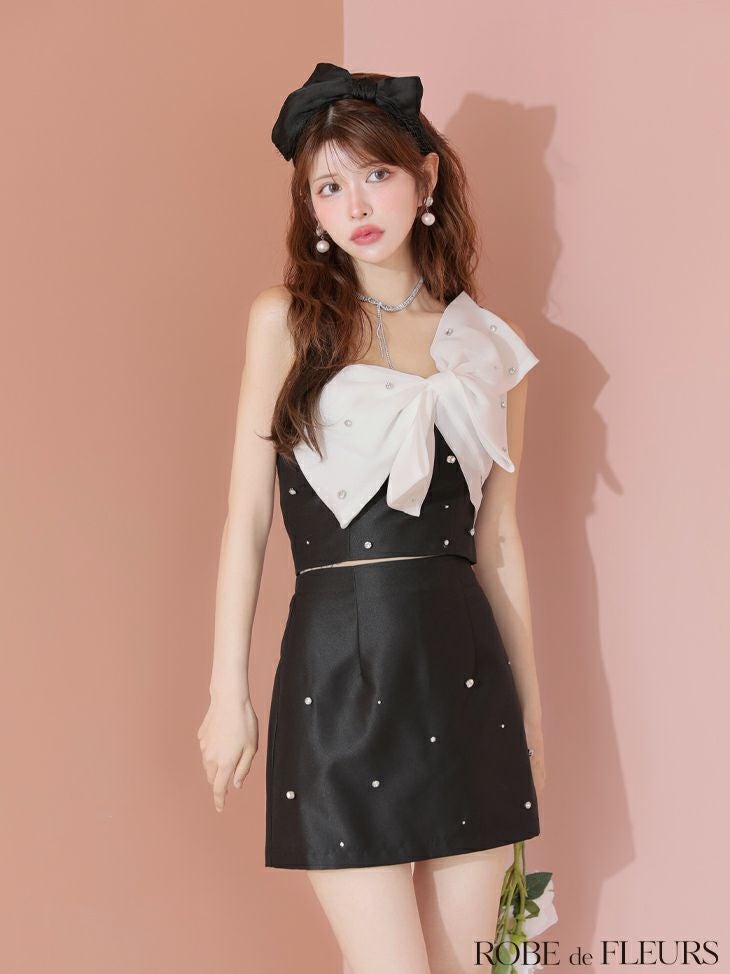 ROBE de FLEURS ローブドフルール ビッグオーガンジーリボンワンショルタイトセットアップミニキャバドレス fm4202-c