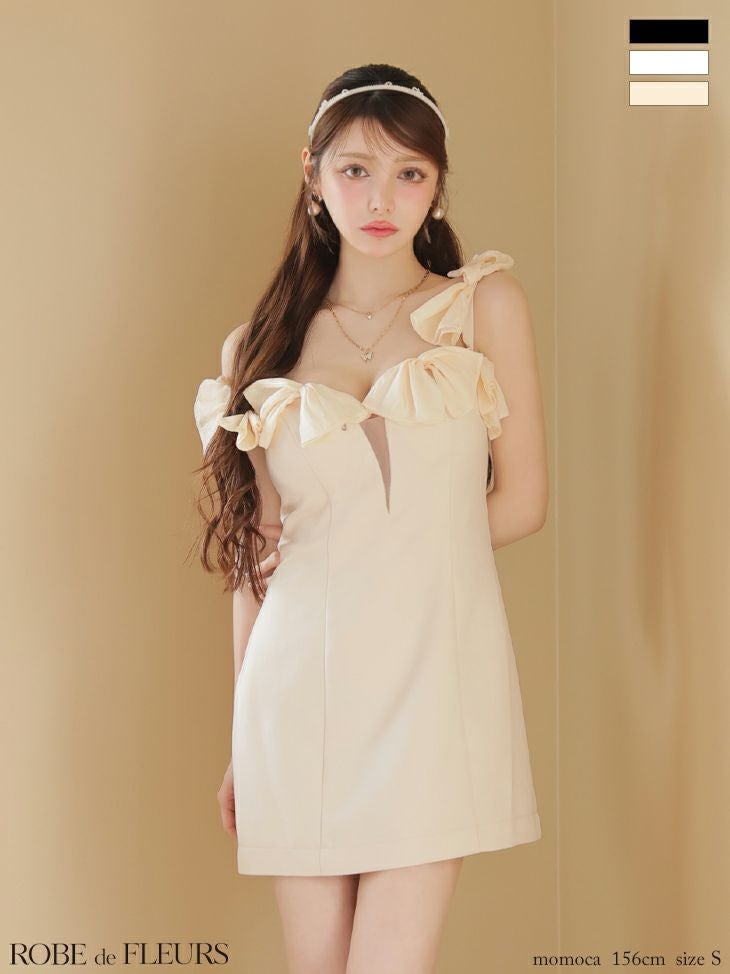 ROBE de FLEURS ローブドフルール シフォンリボンワンショルタイトミニ