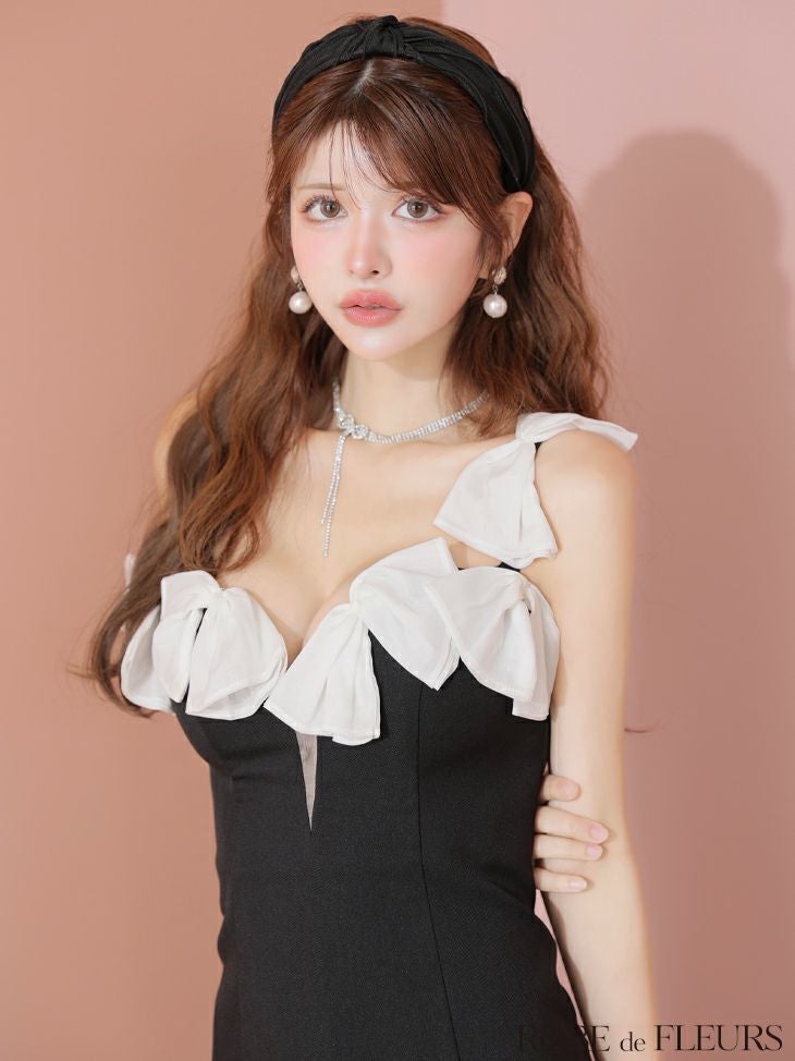 ROBE de FLEURS ローブドフルール シフォンリボンワンショルタイトミニ