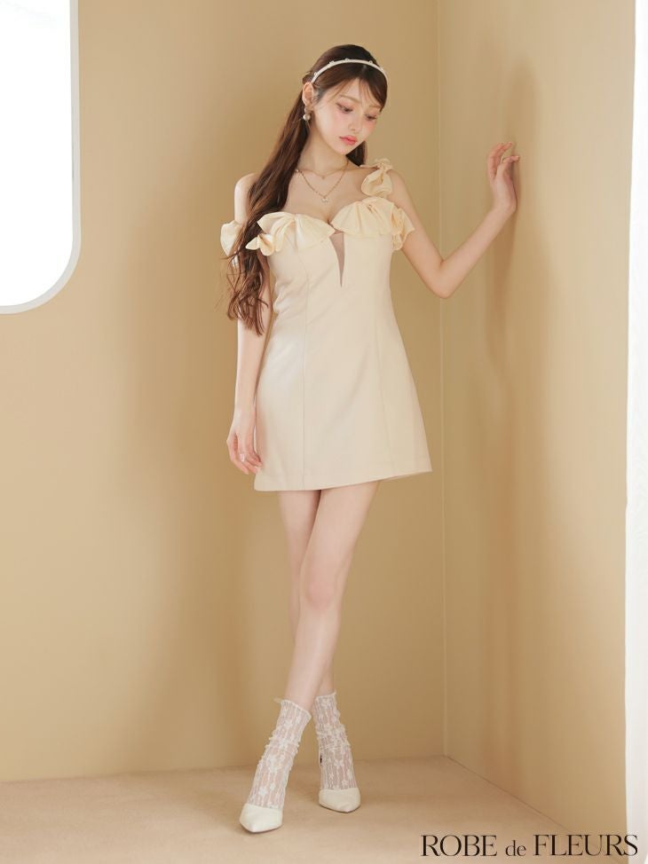 ROBE de FLEURS ローブドフルール シフォンリボンワンショルタイトミニ
