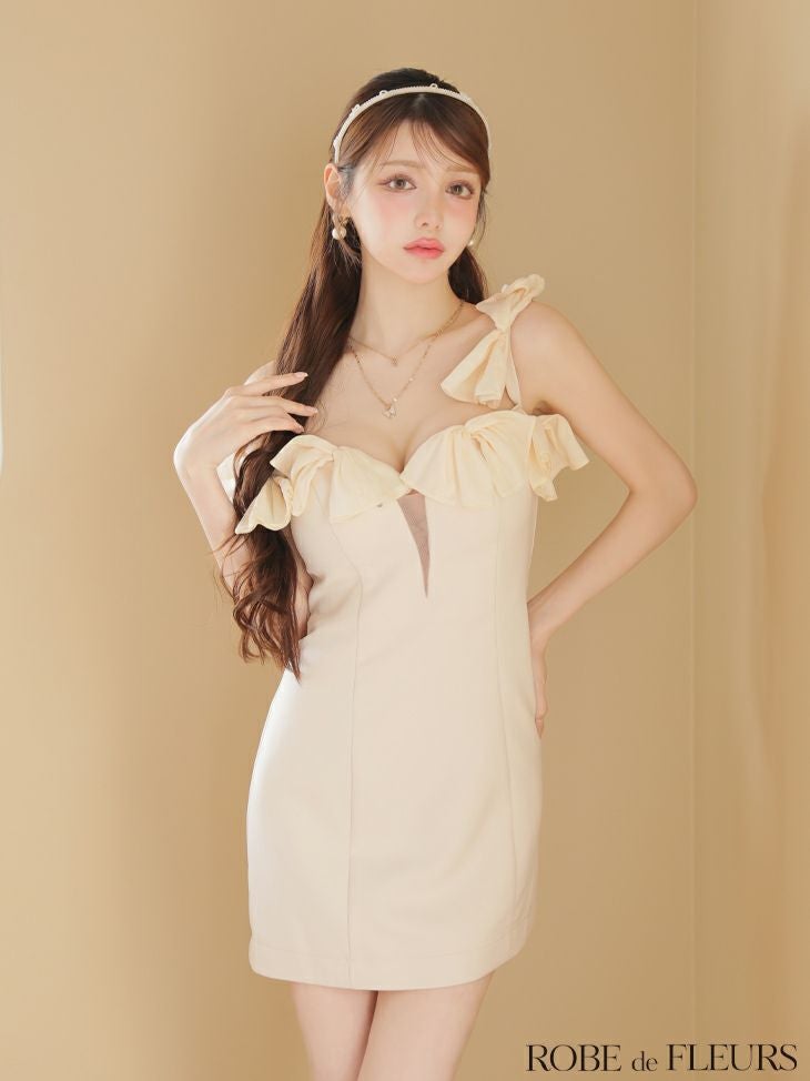 ROBE de FLEURS ローブドフルール シフォンリボンワンショルタイトミニ