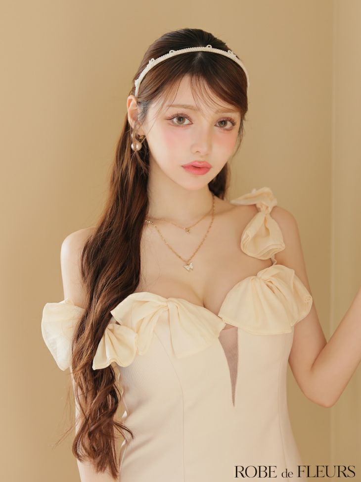 ROBE de FLEURS ローブドフルール シフォンリボンワンショルタイトミニ