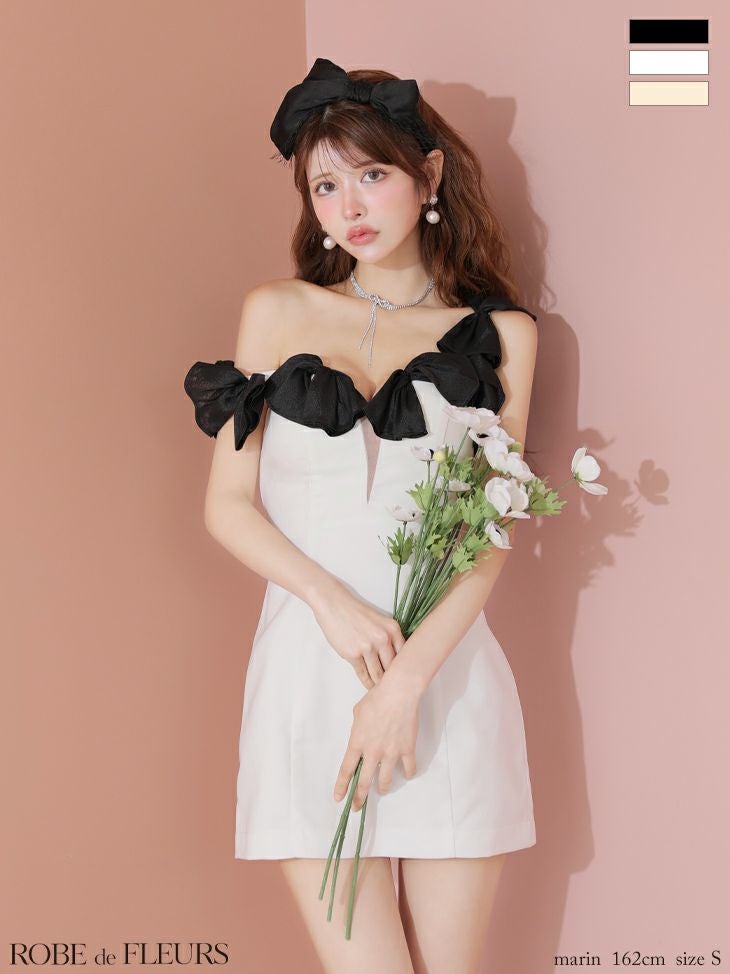 ROBE de FLEURS ローブドフルール シフォンリボンワンショルタイトミニ