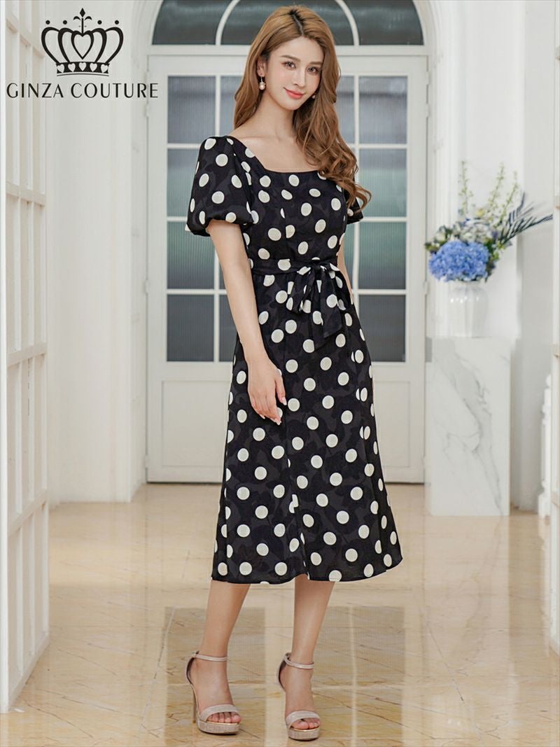 ERUKEI エルケイ パフスリーブ・半袖・サテンジャガード・ドット・リボン・Aライン・ミディアムドレス・ワンピース ek-c25084