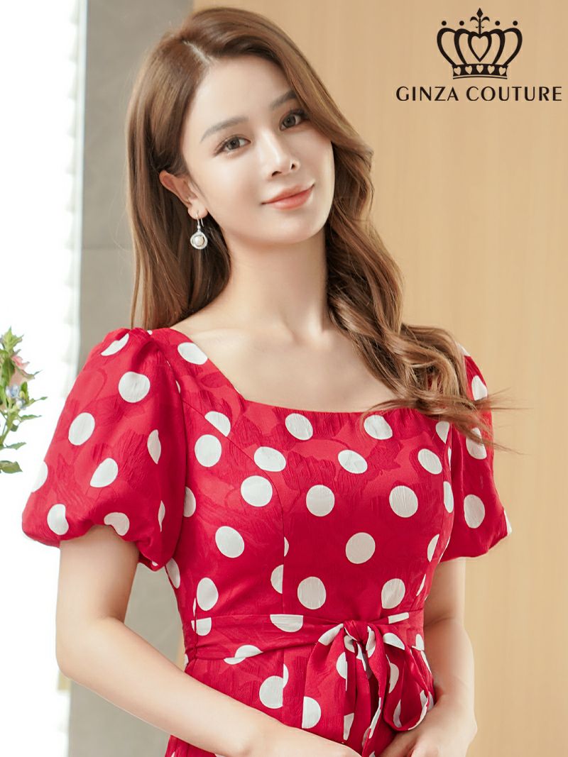 ERUKEI エルケイ パフスリーブ・半袖・サテンジャガード・ドット・リボン・Aライン・ミディアムドレス・ワンピース ek-c25084