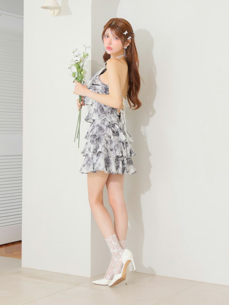 ROBE de FLEURS ローブドフルール シアーローズティアードワンピース ミニドレス fm4502