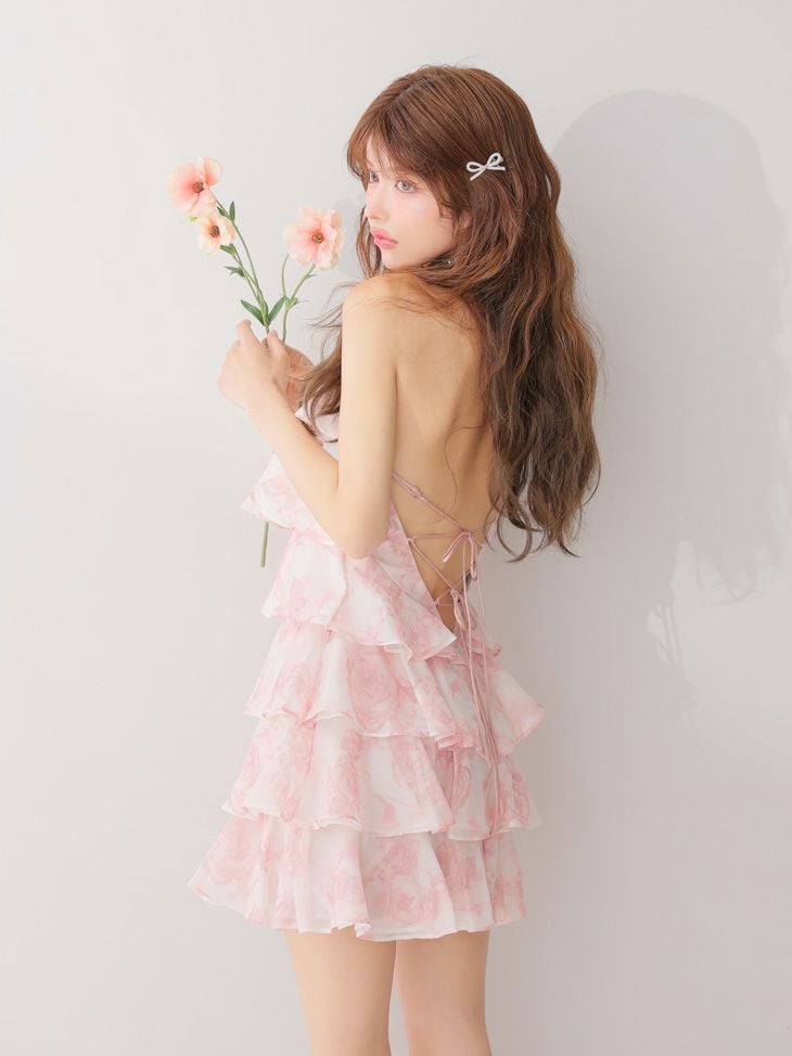 ROBE de FLEURS ローブドフルール シアーローズティアードワンピース ミニドレス fm4502