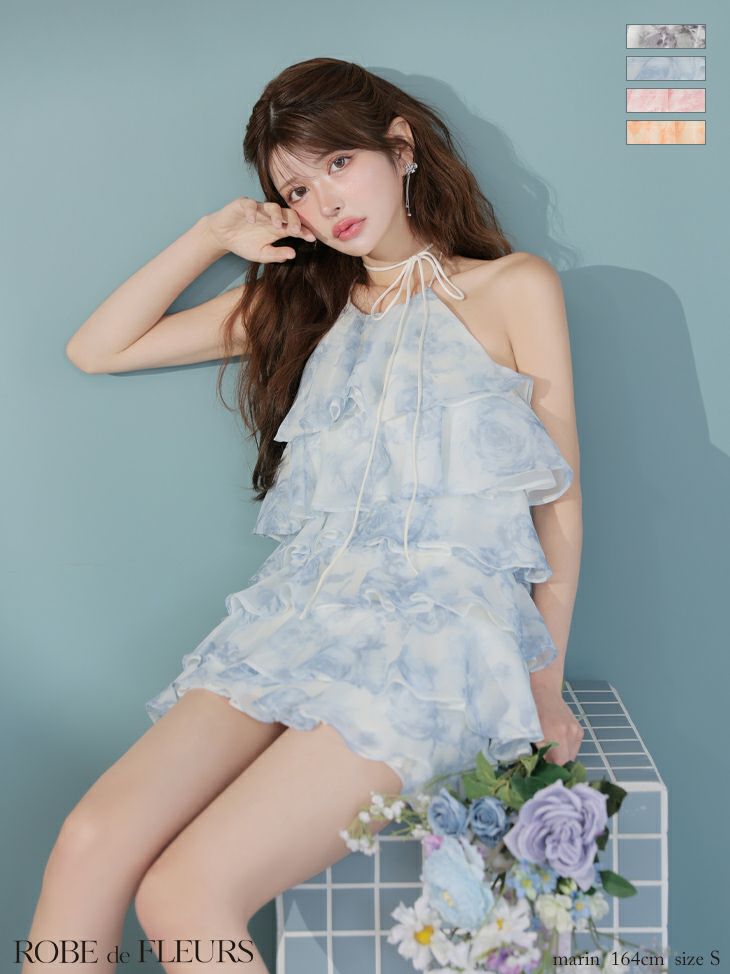 ROBE de FLEURS ローブドフルール シアーローズティアードワンピース ミニドレス fm4502-c