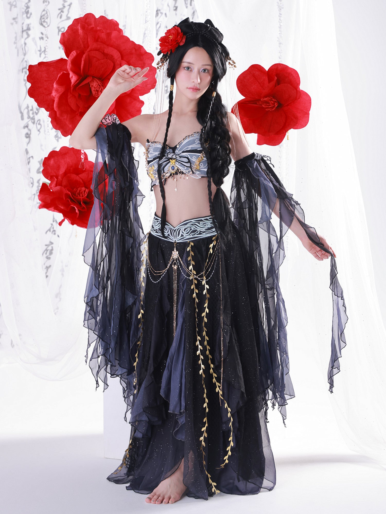 【5点セット】九天玄女｜天女風 中国漢服コスプレ アラビアンテイスト衣装 ブラック vcsot-25041-1