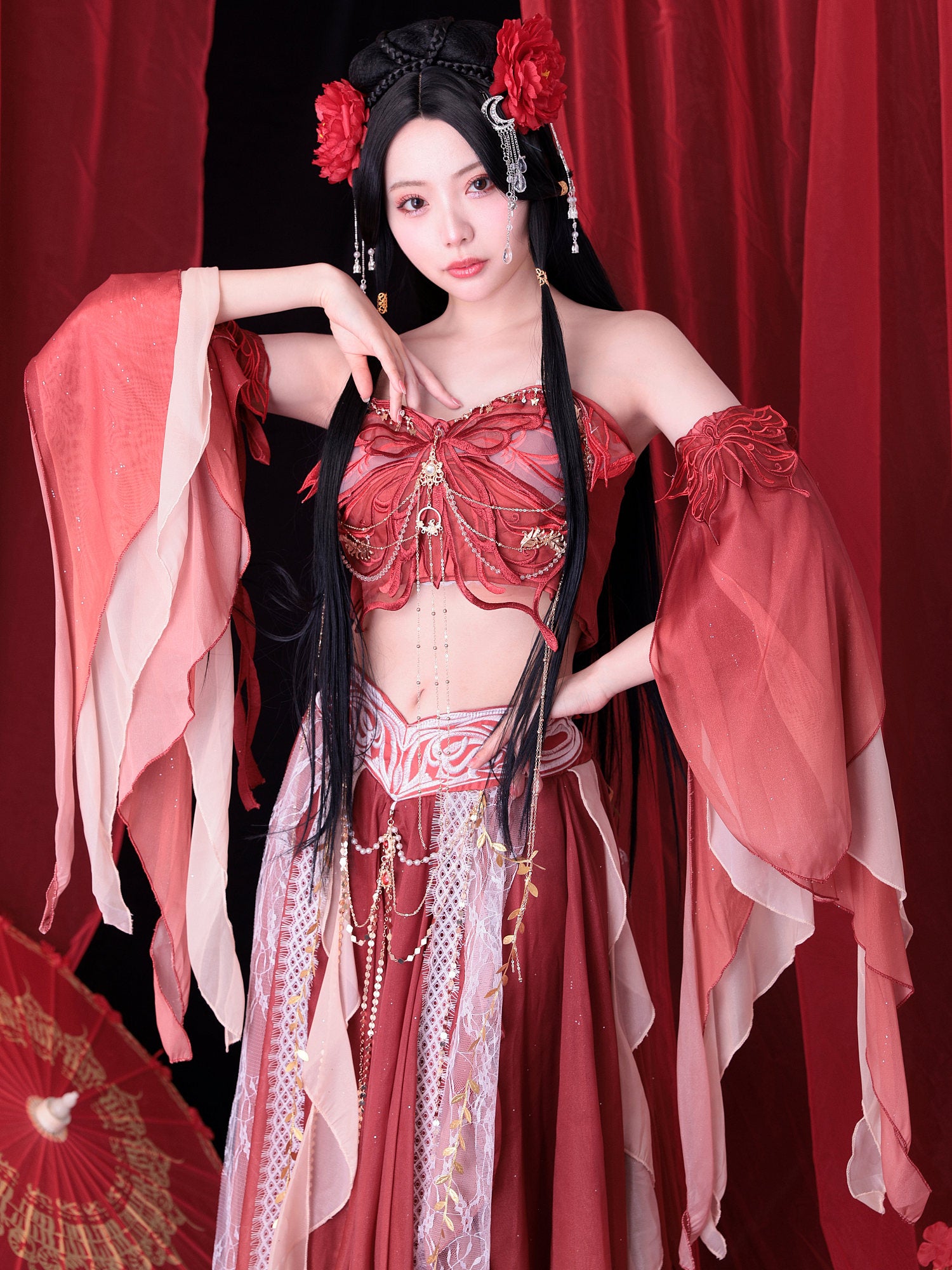【5点セット】舞｜天女風 中国漢服コスプレ アラビアンテイスト衣装 レッド vcsot-25041-2