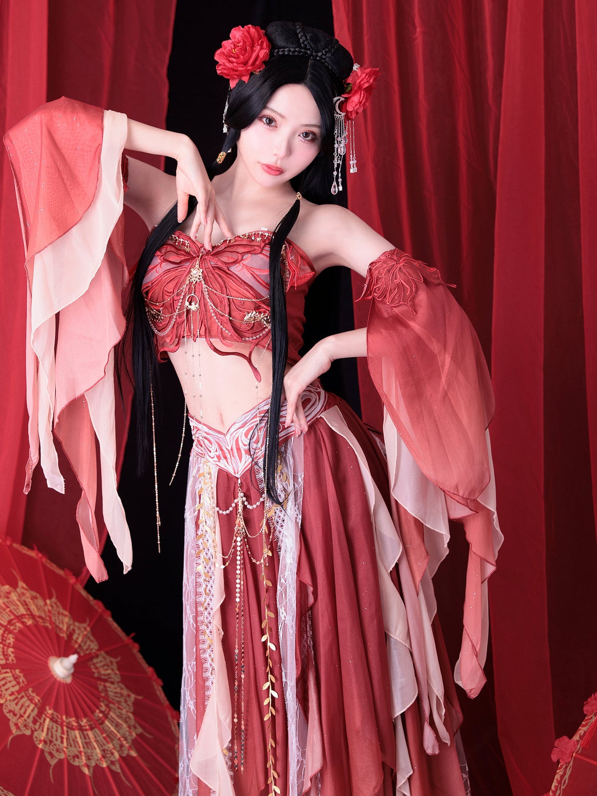 【5点セット】舞｜天女風 中国漢服コスプレ アラビアンテイスト衣装 レッド vcsot-25041-2