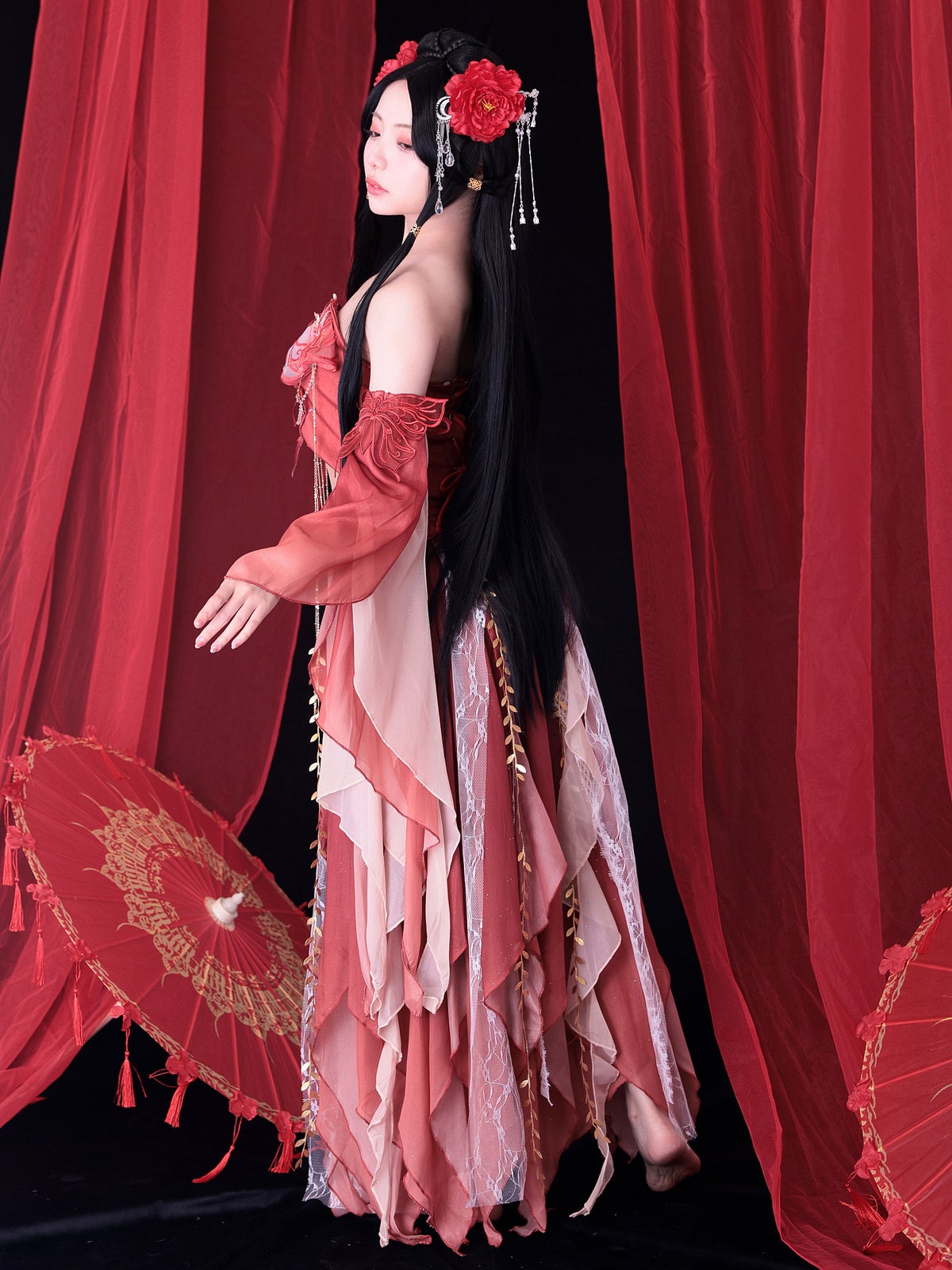 【5点セット】舞｜天女風 中国漢服コスプレ アラビアンテイスト衣装 レッド vcsot-25041-2