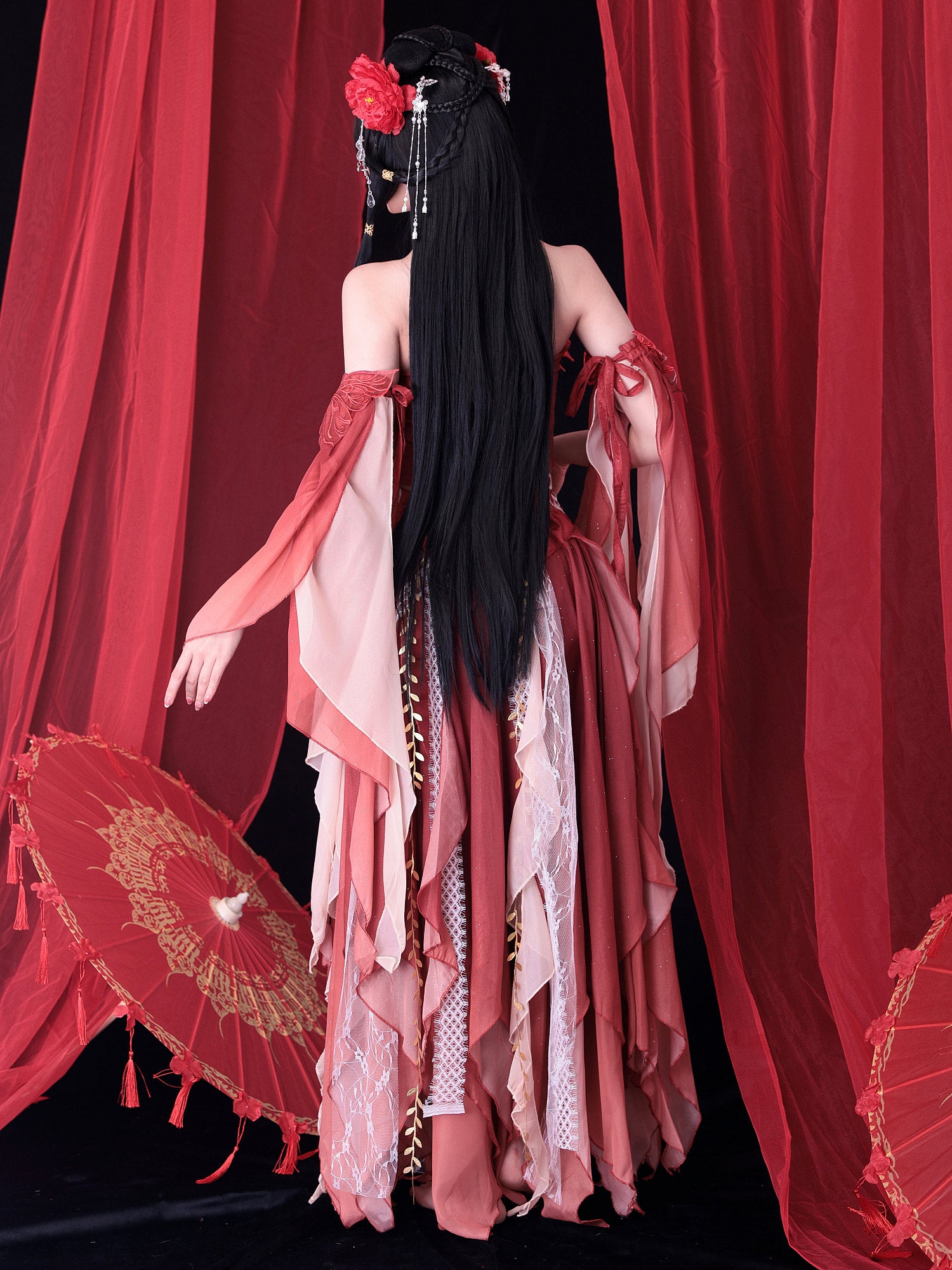 【5点セット】舞｜天女風 中国漢服コスプレ アラビアンテイスト衣装 レッド vcsot-25041-2