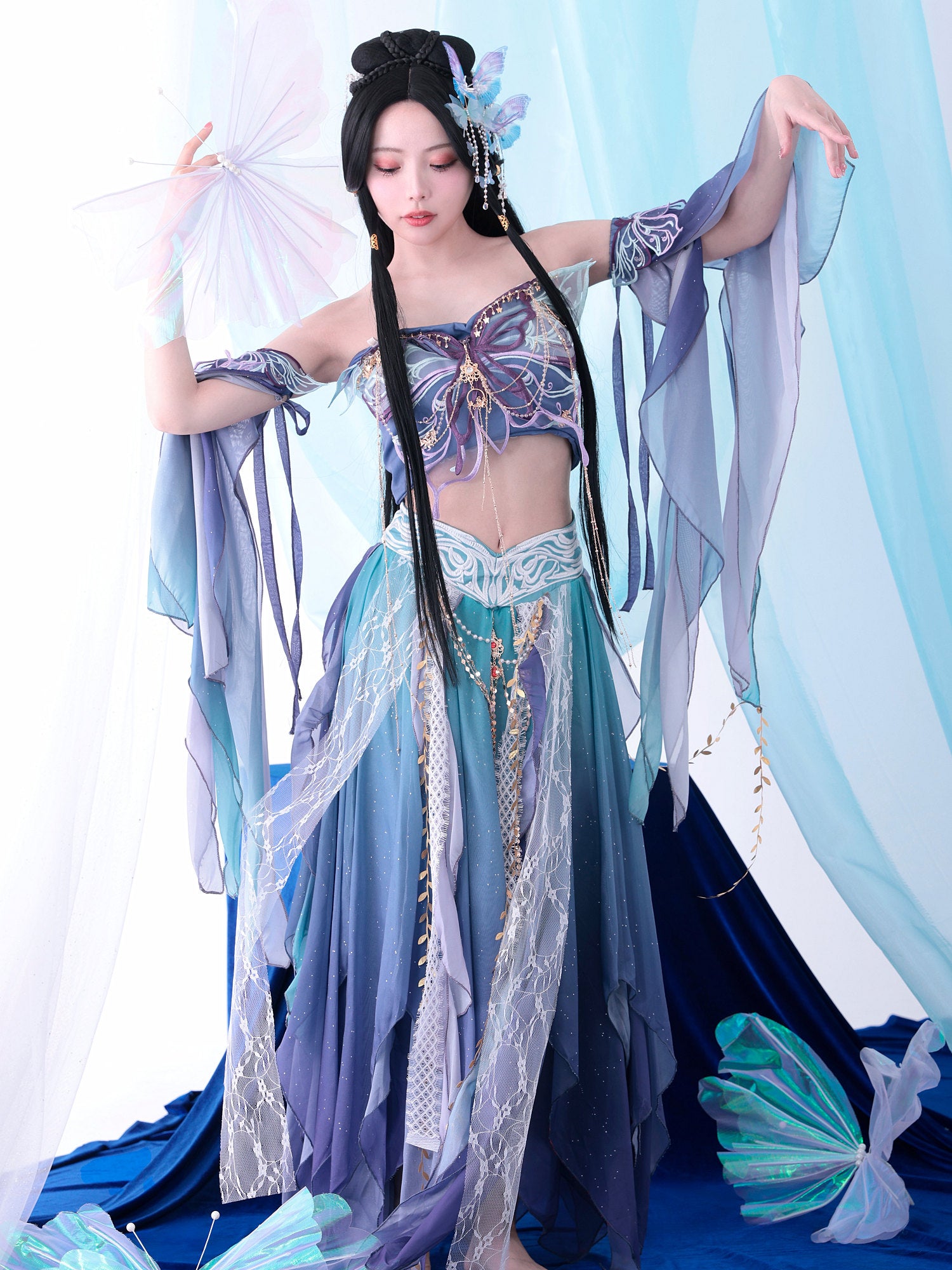 【5点セット】異世界｜天女風 中国漢服コスプレ アラビアンテイスト衣装 ブルー vcsot-25041-3
