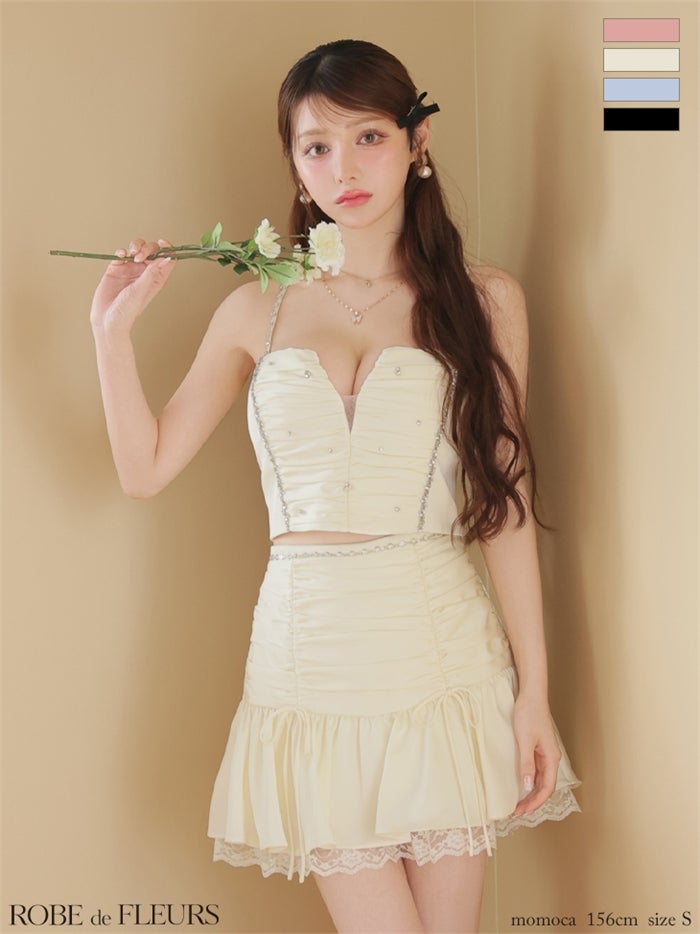 ROBE de FLEURS ローブドフルール 【XSサイズあり】サテンビジューレースセットアップミニキャバドレス fm3598-c