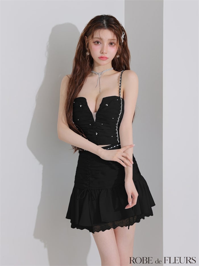 ROBE de FLEURS ローブドフルール 【XSサイズあり】サテンビジューレースセットアップミニキャバドレス fm3598-c