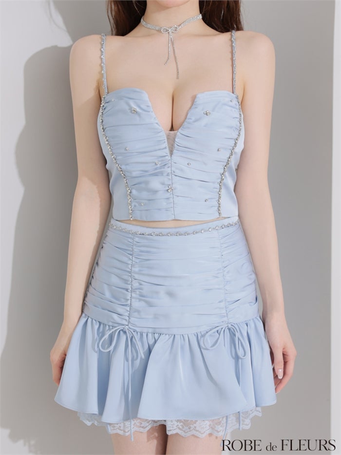 ROBE de FLEURS ローブドフルール 【XSサイズあり】サテンビジューレースセットアップミニキャバドレス fm3598-c