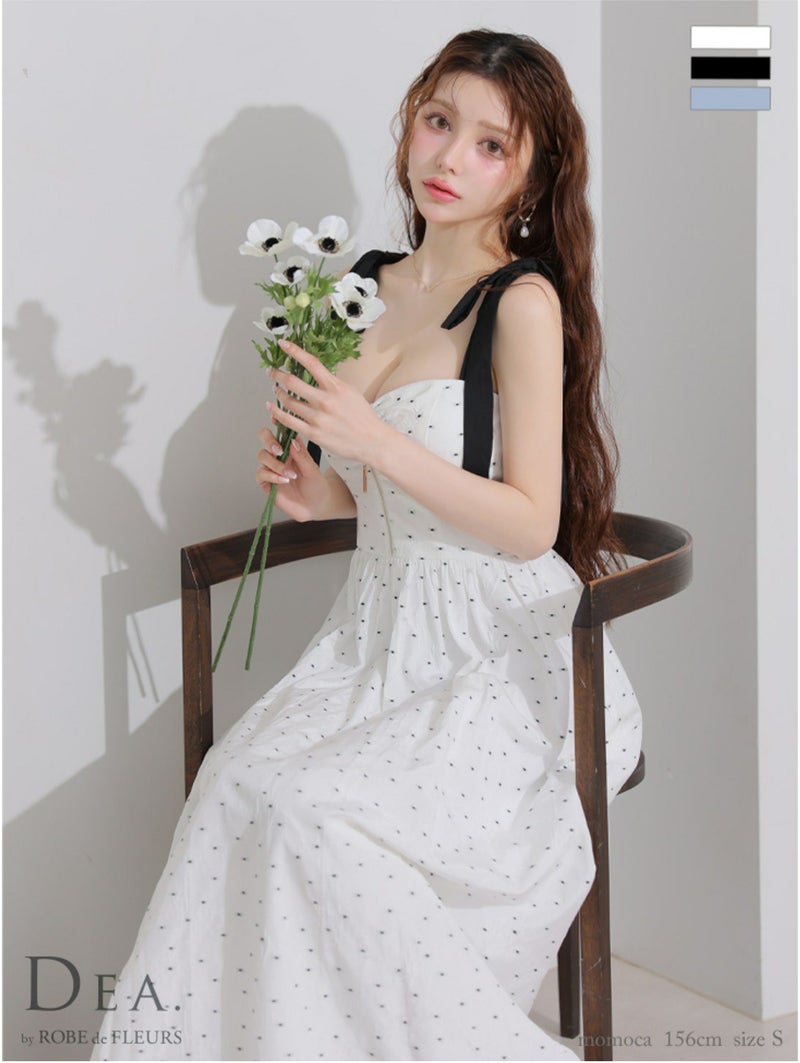  DEA. ディア バイ ローブドフルール ショルダーリボンドットフレアロングキャバドレス de4200-c