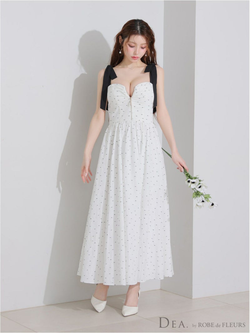  DEA. ディア バイ ローブドフルール ショルダーリボンドットフレアロングキャバドレス de4200-c