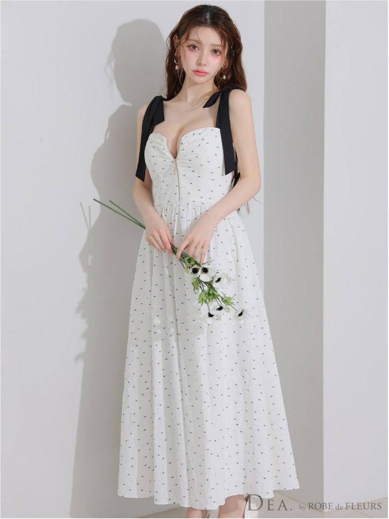  DEA. ディア バイ ローブドフルール ショルダーリボンドットフレアロングキャバドレス de4200-c