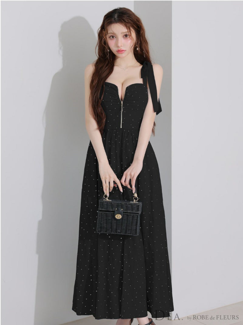  DEA. ディア バイ ローブドフルール ショルダーリボンドットフレアロングキャバドレス de4200-c