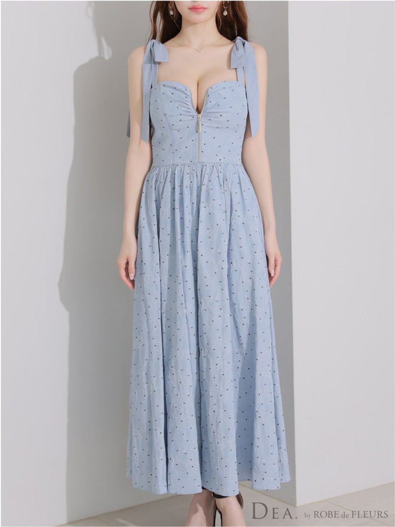  DEA. ディア バイ ローブドフルール ショルダーリボンドットフレアロングキャバドレス de4200-c
