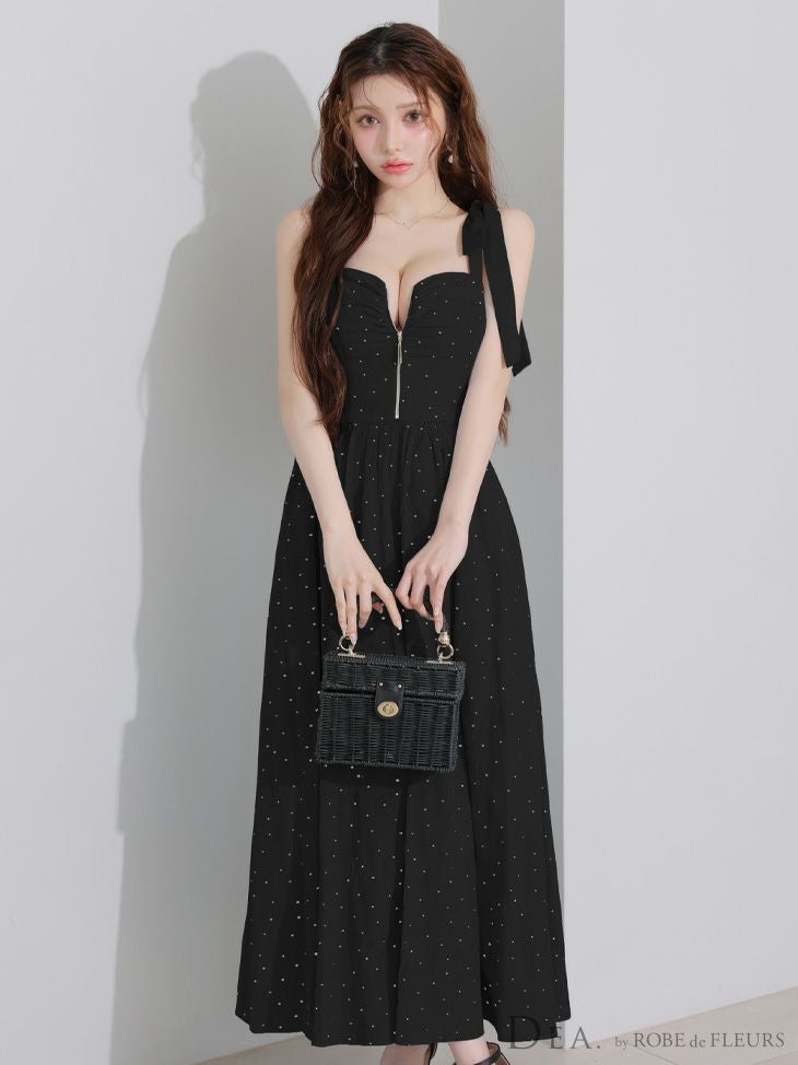 DEA. ディア バイ ローブドフルール ショルダーリボンドットフレアロングキャバドレス de4200
