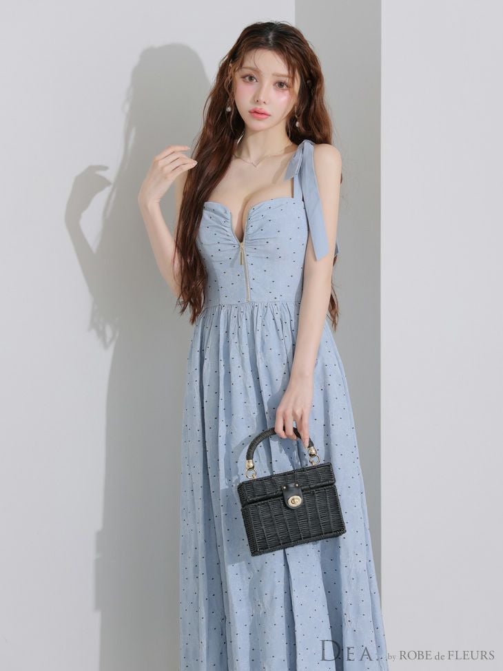 DEA. ディア バイ ローブドフルール ショルダーリボンドットフレアロングキャバドレス de4200