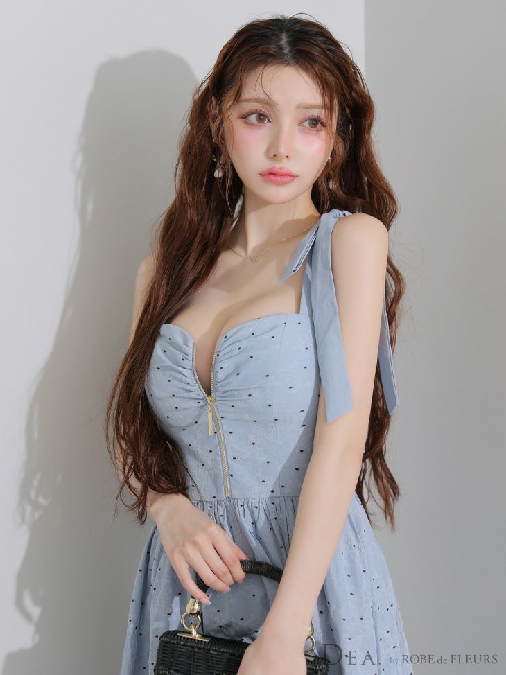 DEA. ディア バイ ローブドフルール ショルダーリボンドットフレアロングキャバドレス de4200