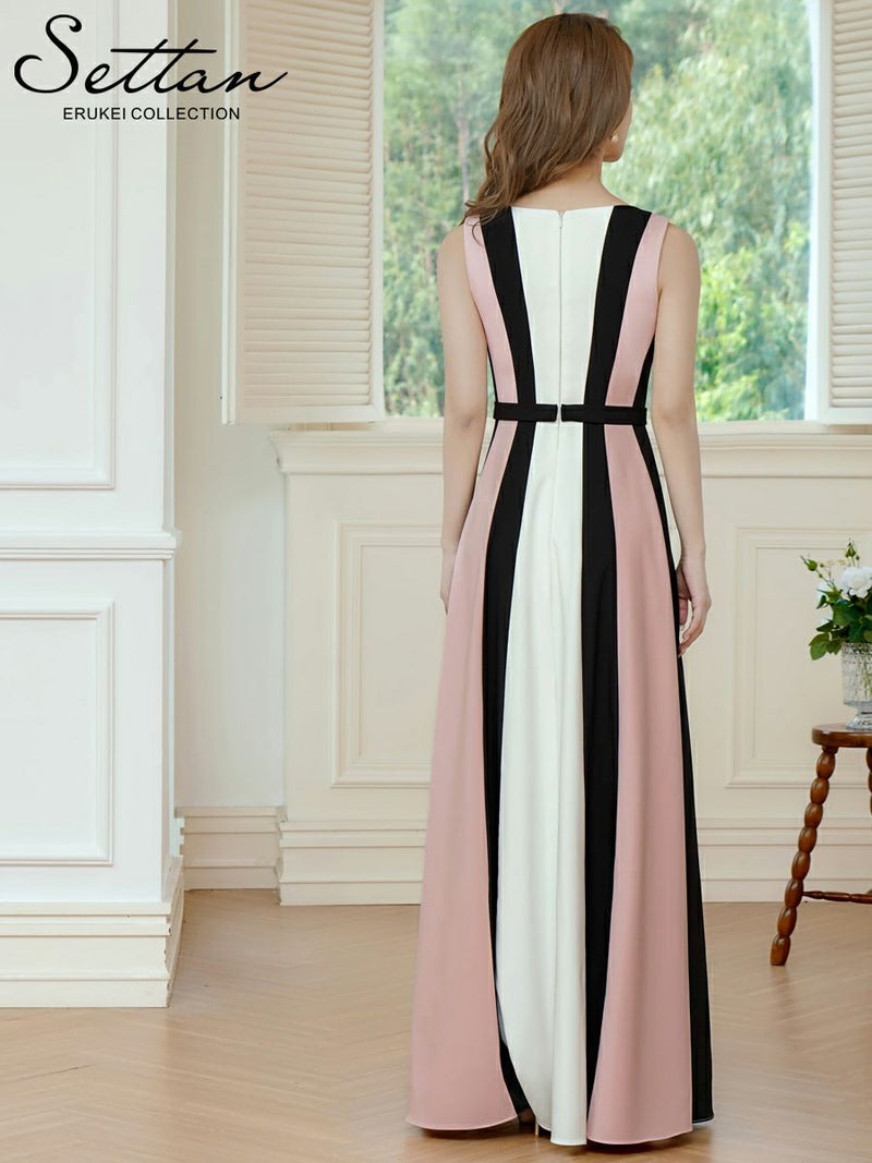 ERUKEI エルケイ トリコロールカラー・ハイウエスト・スリット・Aライン・ロングドレス ek-s37107