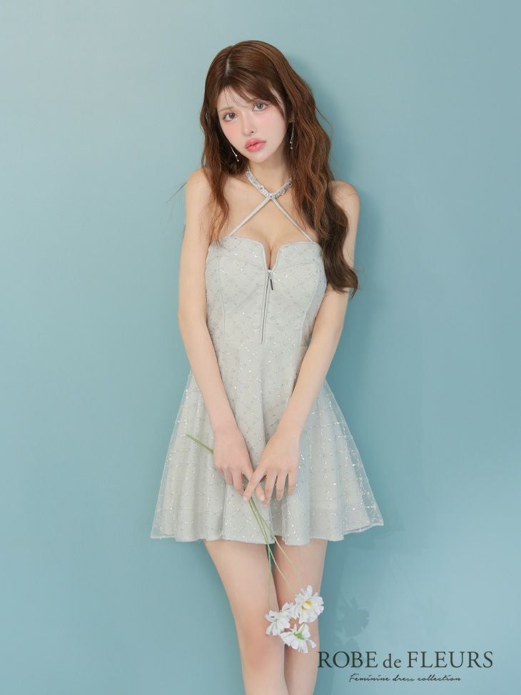ROBE de FLEURS ローブドフルール ビジューホルターラメニットフレアミニキャバドレス fm4313-c