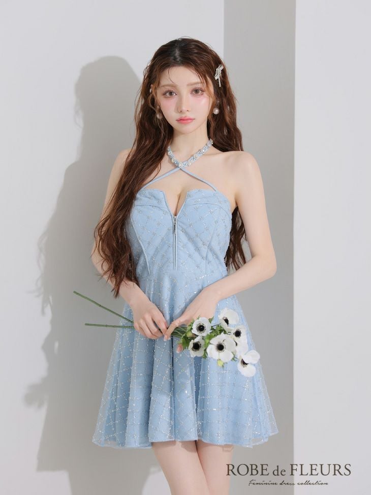 ROBE de FLEURS ローブドフルール ビジューホルターラメニットフレアミニキャバドレス fm4313-c