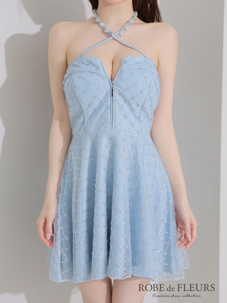 ROBE de FLEURS ローブドフルール ビジューホルターラメニットフレアミニキャバドレス fm4313-c