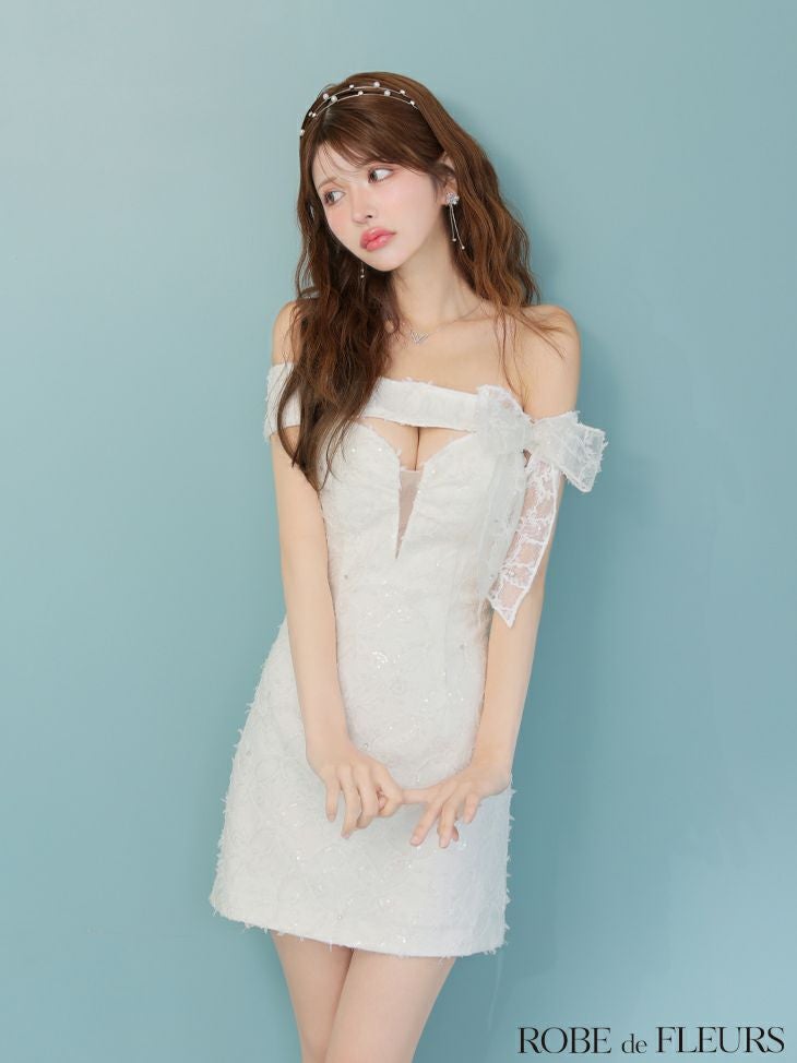 ROBE de FLEURS ローブドフルール オフショルリボンレースミニキャバドレス fm3462-c