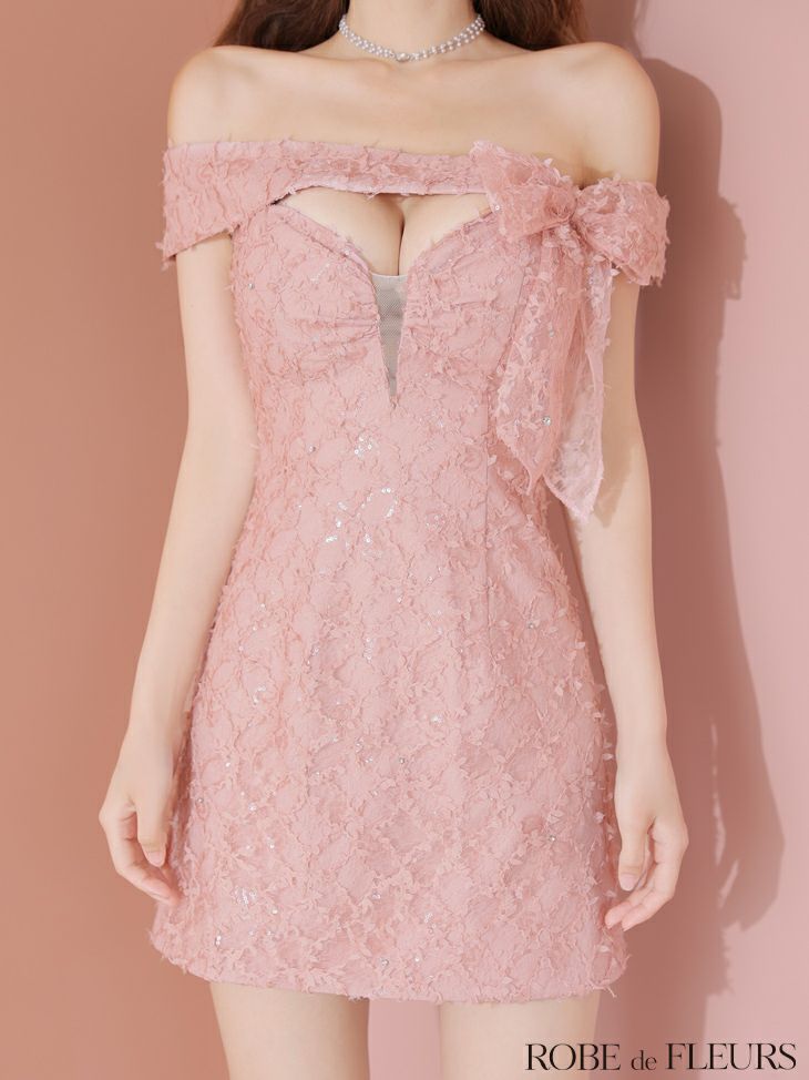 ROBE de FLEURS ローブドフルール オフショルリボンレースミニキャバドレス fm3462-c