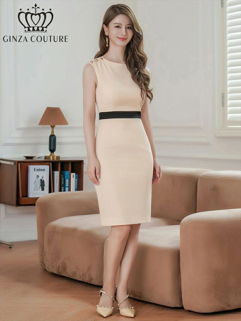 ERUKEI エルケイ ベージュ ノースリーブ バイカラー 金ボタン 切替 スリット タイト ミディアムドレス ワンピース ek-c25051