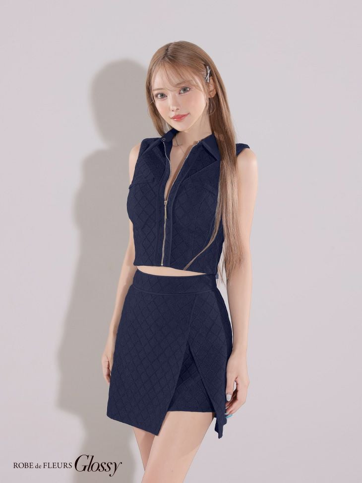  Glossy ローブドフルールグロッシー 襟付き×ノースリーブセンタージップセットアップキャバドレス gl3261