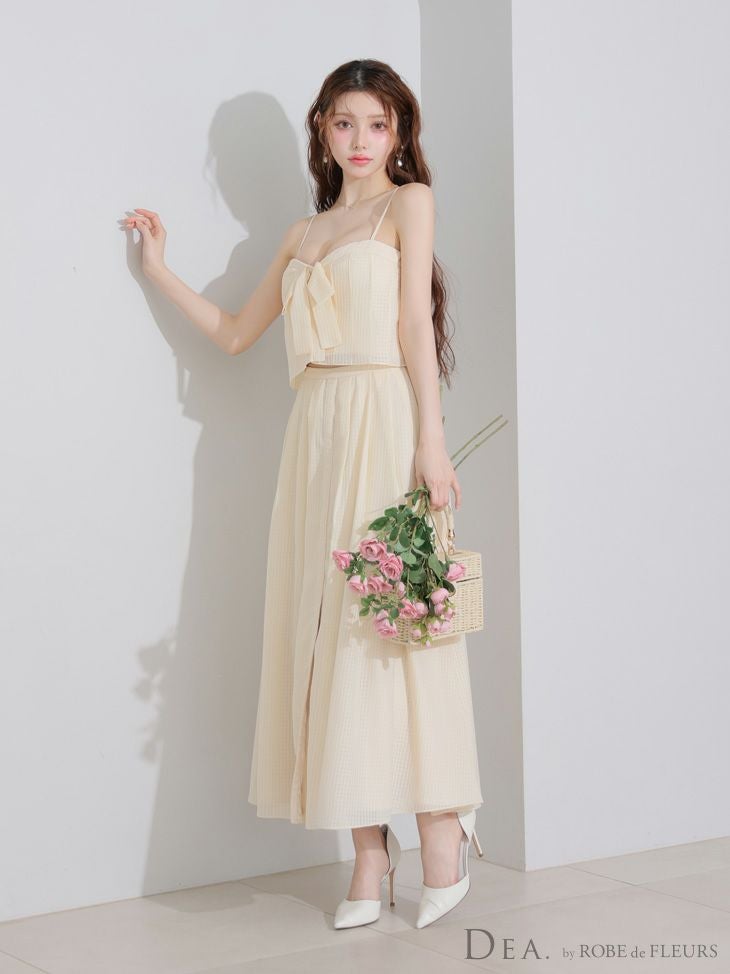 DEA. ディア バイ ローブドフルール バストリボンスリットフレアセットアップフレアロングキャバドレス de3929
