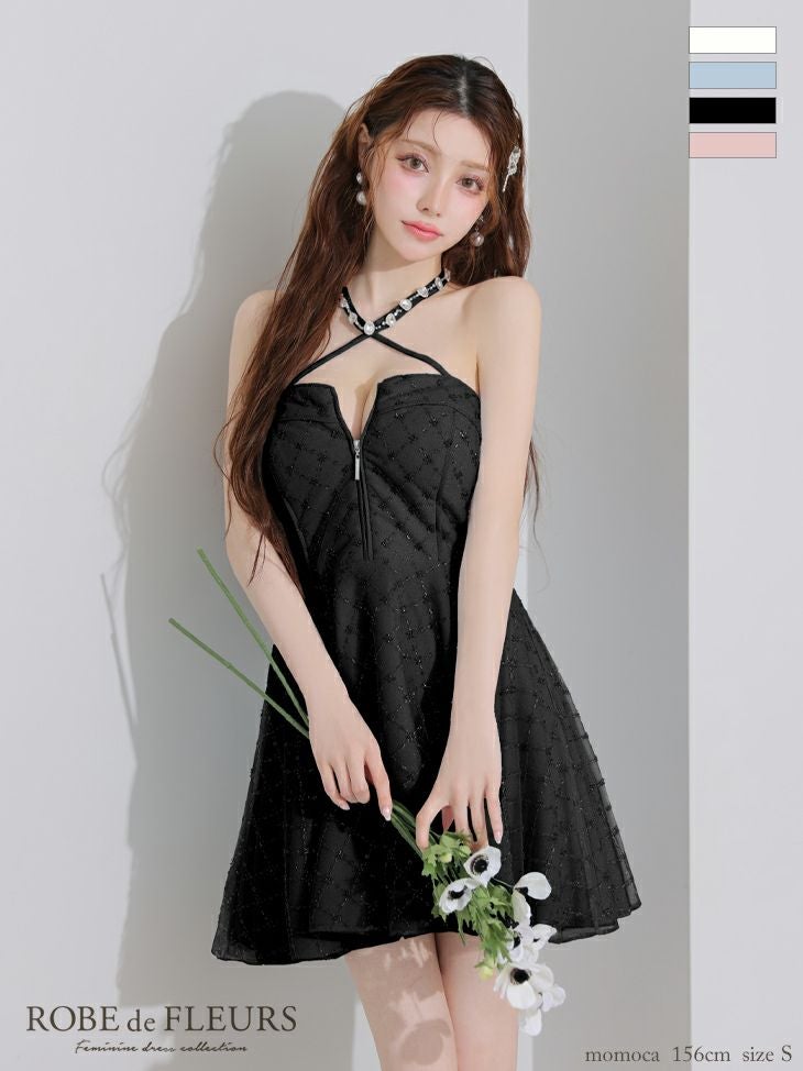 ROBE de FLEURS ローブドフルール ビジューホルターラメニットフレアミニキャバドレス fm4313