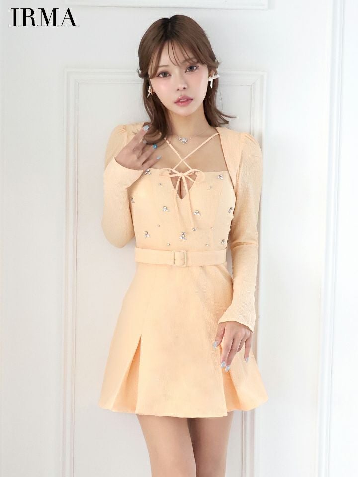 IRMA イルマ ロングスリーブ/ボレロ付き/リボンクロス/ビジュー/2way/プリーツ/フレア ミニドレス ワンピース ir55068-c