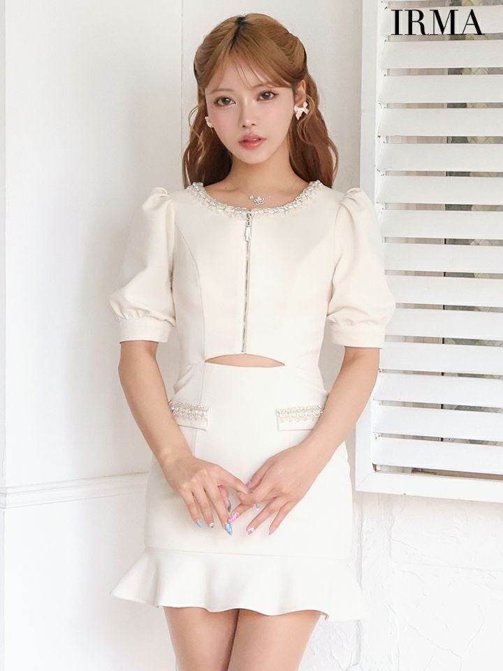 IRMA イルマ フロントジップ/パフスリーブ/ウエストカット/チューリップライン/タイト ミニドレス ワンピース ir51888