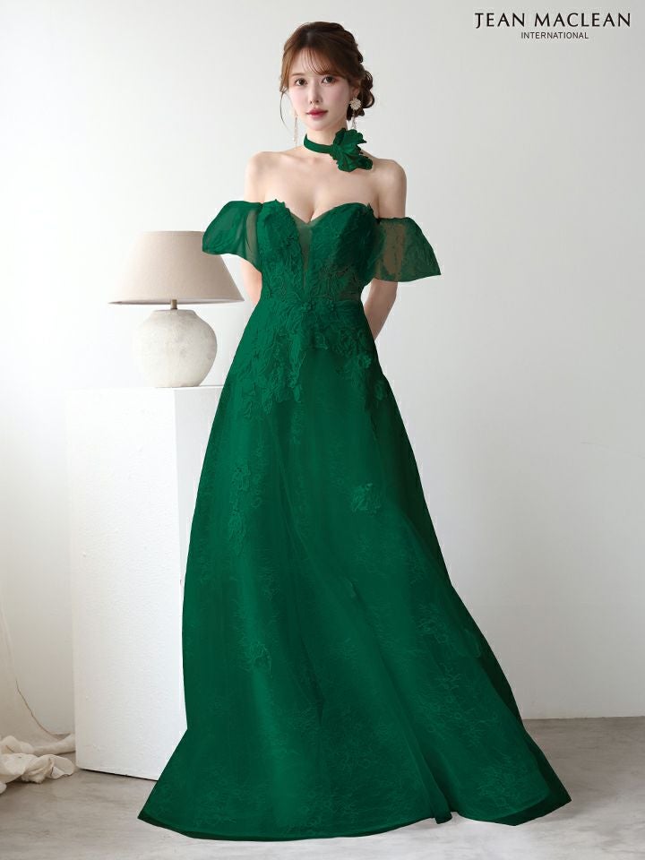 JEAN MACLEAN ジャンマクレーン フラワーコサージュチョーカー付き/ワンカラー/パフスリーブ/刺繍/姫/ロングドレス ja51906