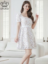 ERUKEI エルケイ ホワイト スクエアネック・総レース・半袖・Aライン・ミニドレス・ワンピース ek-e25050