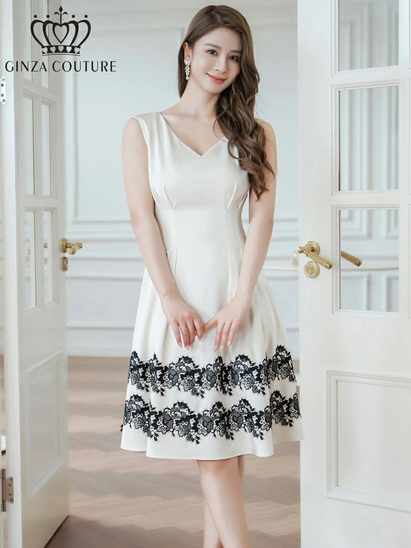 ERUKEI エルケイ ホワイト ノースリーブ・Vネック・タック・サテン・裾レース・Aライン・ミディアムドレス・ワンピース ek-c24042