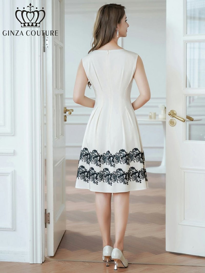 ERUKEI エルケイ ホワイト ノースリーブ・Vネック・タック・サテン・裾レース・Aライン・ミディアムドレス・ワンピース ek-c24042