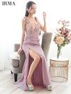 IRMA イルマ 花柄刺繍/ショルダーラメリボン/メッシュ/スリット入り/タイト ロングドレス 【リボン取り外し可能】 ir51839